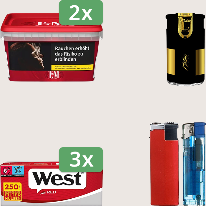 L&M Red 2 x 129 g Sparpaket mit 750 West Red Special Hülsen und Feuerzeugset L&M Red 2 x 129 g Sparpaket mit 750 West Red Special Hülsen und Feuerzeugset