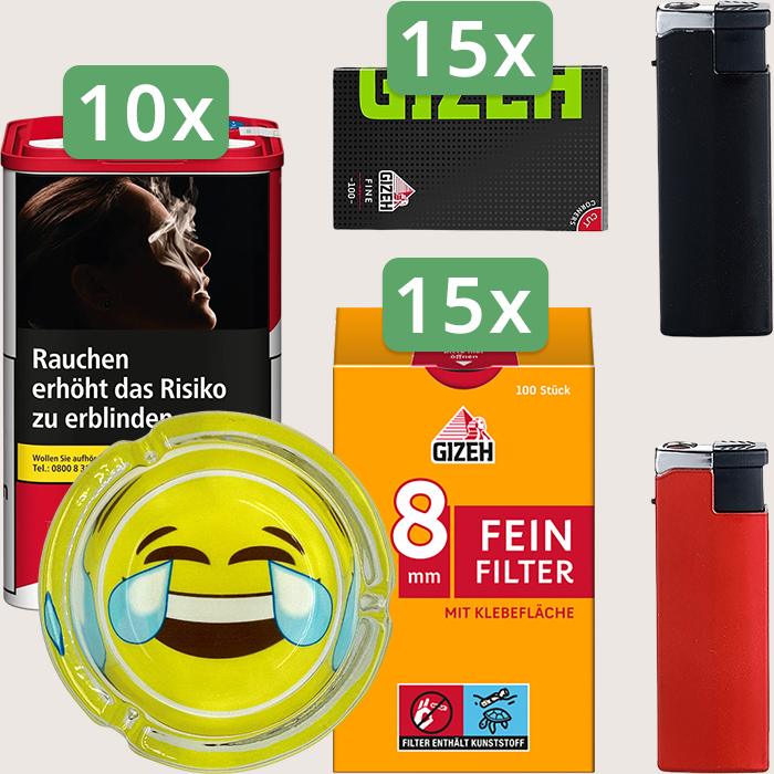 Marlboro Premium Red 10 x 105 g Sparpaket mit 1.500 Gizeh Black Fine Magnet Blättchen, 1.500 Gizeh Feinfilter 8 mm und Aschenbecher