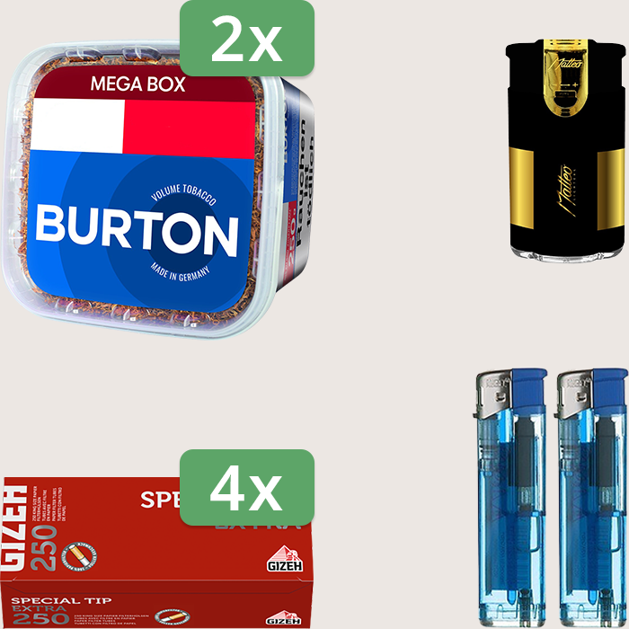 Burton Blue 2 x 250 g Sparpaket mit 1.000 Gizeh Special Tip Extra Hülsen und Feuerzeugset Burton Blue 2 x 250 g Sparpaket mit 1.000 Gizeh Special Tip Extra Hülsen und Feuerzeugset