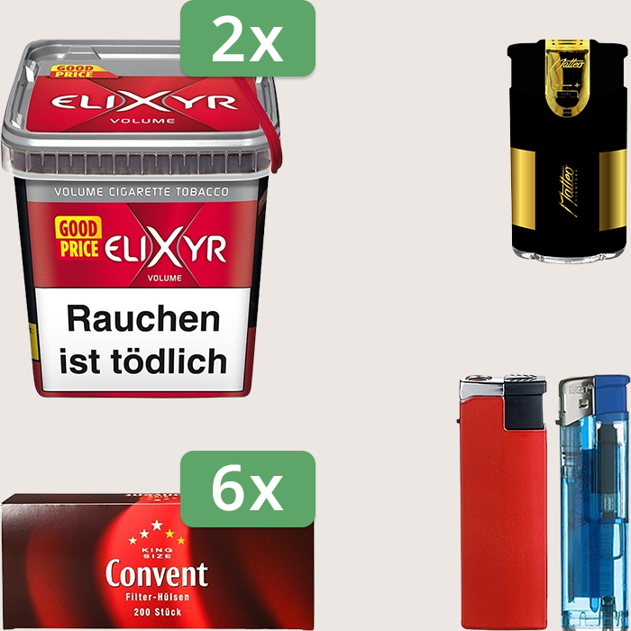 Elixyr Red 2 x 260 g Sparpaket mit 1.200 Convent Hülsen und Feuerzeugset