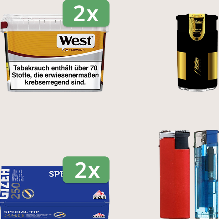 West Yellow 2 x 115 g Sparpaket mit 500 Gizeh Special Tip Hülsen und Feuerzeugset