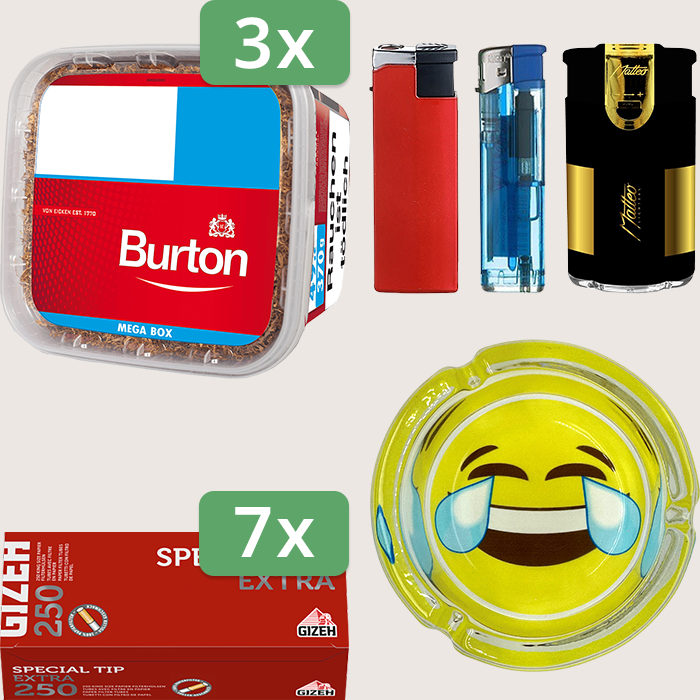Burton Full Red 3 x 270 g mit 1.750 Gizeh Special Tip Extra Hülsen und Aschenbecher