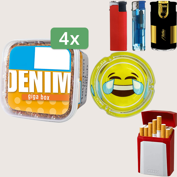 Denim Classic 4 x 315 g Sparpaket mit Aschenbecher, Gizeh Flip Case und Feuerzeugset