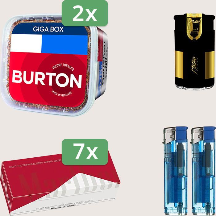 Burton Full Red 2 x 400 g Sparpaket mit 1.400 Marlboro Red Hülsen und Feuerzeugset Burton Full Red 2 x 400 g Sparpaket mit 1.400 Marlboro Red Hülsen und Feuerzeugset