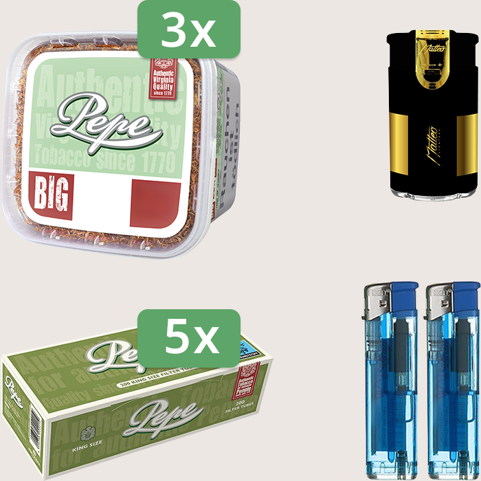 Pepe Bright Green 3 x 170 g Sparpaket mit 1.000 Pepe Hülsen und Feuerzeugset