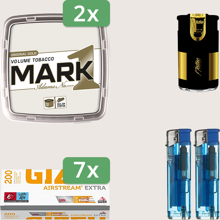 Mark 1 Gold 2 x 400 g Sparpaket mit 1.400 Gizeh Airstream Extra Hülsen und Feuerzeugset Mark 1 Gold 2 x 400 g Sparpaket mit 1.400 Gizeh Airstream Extra Hülsen und Feuerzeugset