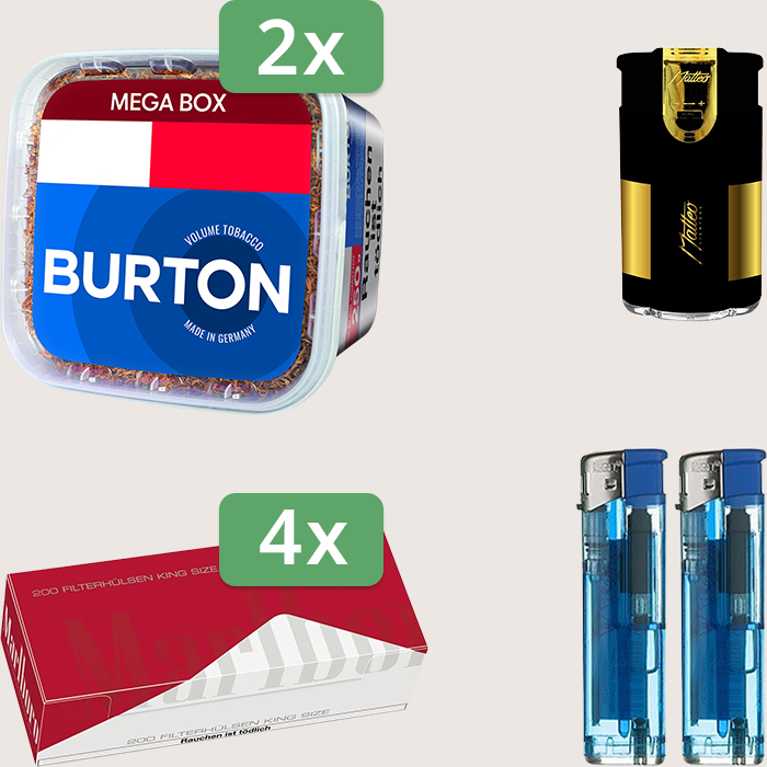 Burton Blue 2 x 250 g Sparpaket mit 800 Marlboro Red Hülsen und Feuerzeugset Burton Blue 2 x 250 g Sparpaket mit 800 Marlboro Red Hülsen und Feuerzeugset