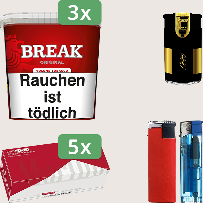 Break Original 3 x 185 g Sparpaket mit 1.250 Marlboro Red Extra Size Hülsen und Feuerzeugset
