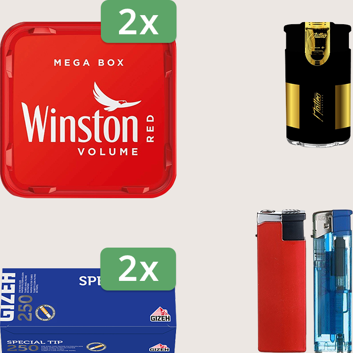 Winston Red 2 x 135 g Sparpaket mit 500 Gizeh Special Tip Hülsen und Feuerzeugset