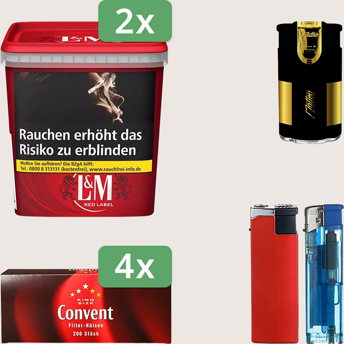 L&M Red 2 x 185 g Sparpaket mit 800 Convent Hülsen und Feuerzeugset