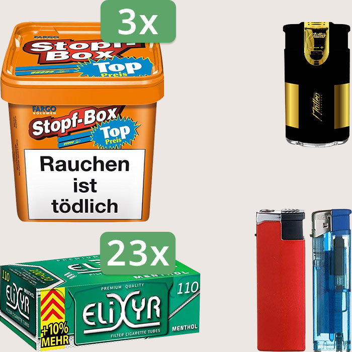 Fargo Stopfbox 3 x 400 g Sparpaket mit 2.530 Energy+ Menthol Hülsen und Feuerzeugset