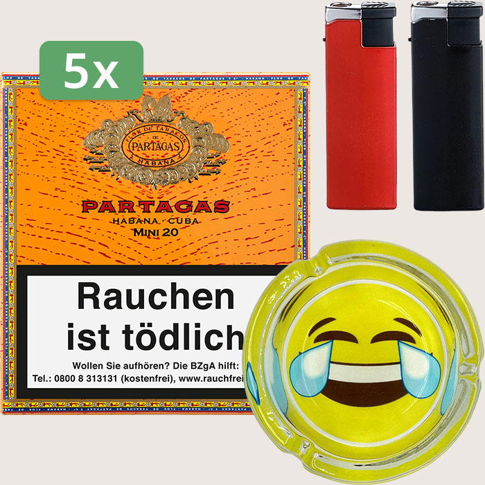 Partagas Mini 20 - 5 x 10,46 € Sparpaket mit 100 Zigarillos, Aschenbecher und Feuerzeugset