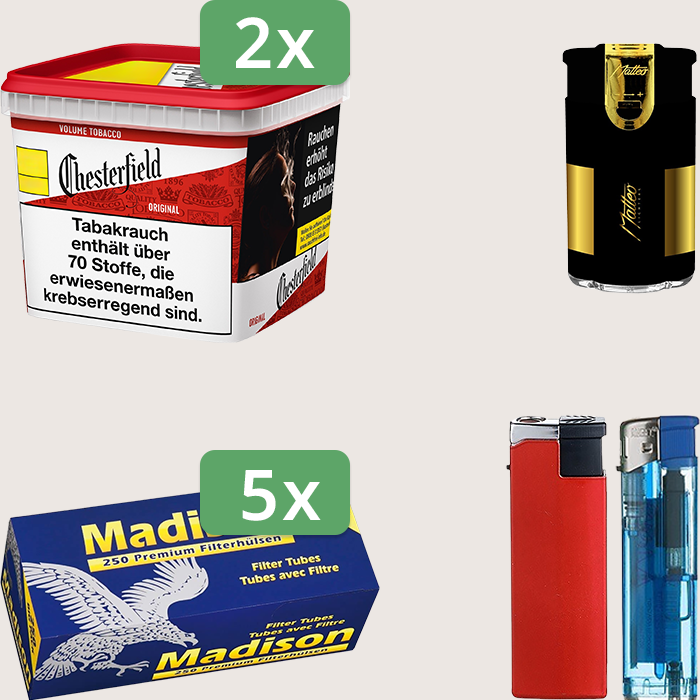 Chesterfield Original Red 2 x 245 g Sparpaket mit 1.250 Madison Hülsen und Feuerzeugset