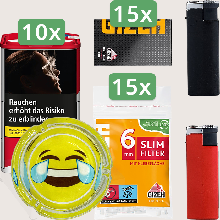Marlboro Premium Red 10 x 105 g Sparpaket mit 1.500 Gizeh Black Original Magnet Blättchen, 1.800 Gizeh Slim Filter 6 mm und Aschenbecher
