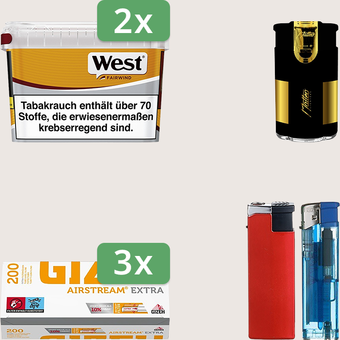 West Yellow 2 x 115 g Sparpaket mit 600 Gizeh Airstream Extra Hülsen und Feuerzeugset
