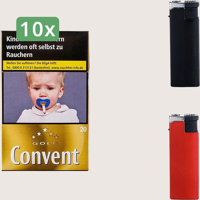 Convent Gold 10 x 7,50 € Sparpaket mit 240 Zigaretten und Feuerzeugset Convent Gold 10 x 7,50 € Sparpaket mit 240 Zigaretten und Feuerzeugset