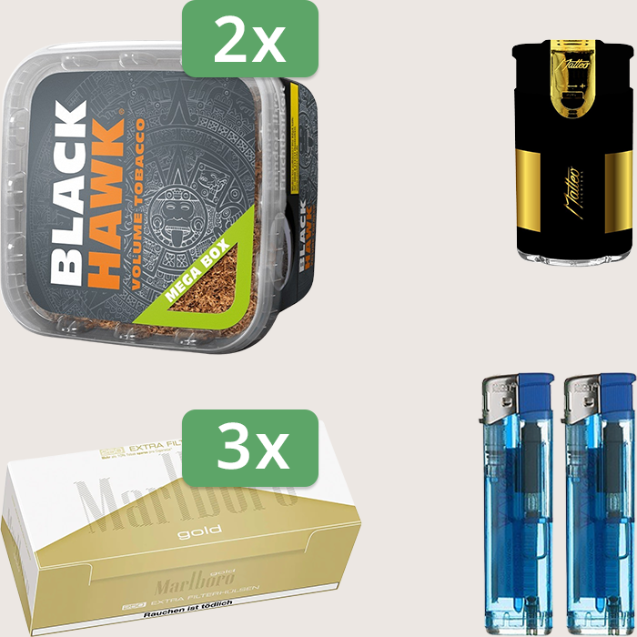 Black Hawk 2 x 230 g Sparpaket mit 750 Marlboro Gold Extra Hülsen und Feuerzeugset Black Hawk 2 x 230 g Sparpaket mit 750 Marlboro Gold Extra Hülsen und Feuerzeugset