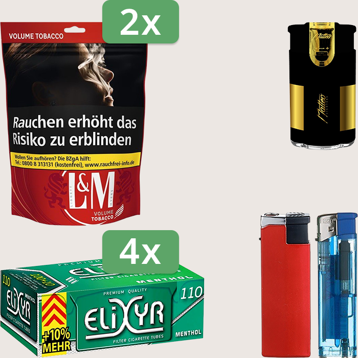 L&M Red 2 x 85 g Sparpaket mit 440 Elixyr Energy+ Menthol Hülsen und Feuerzeugset