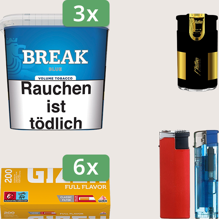 Break Blue 3 x 185 g Sparpaket mit 1.200 Gizeh Full Flavor Hülsen und Feuerzeugset