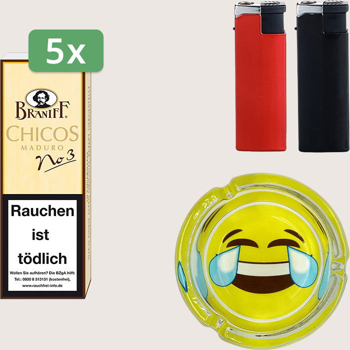 Braniff No. 3 Chicos Maduro 5 x 5,81 € Sparpaket mit 50 Zigarillos, Aschenbecher und Feuerzeugset