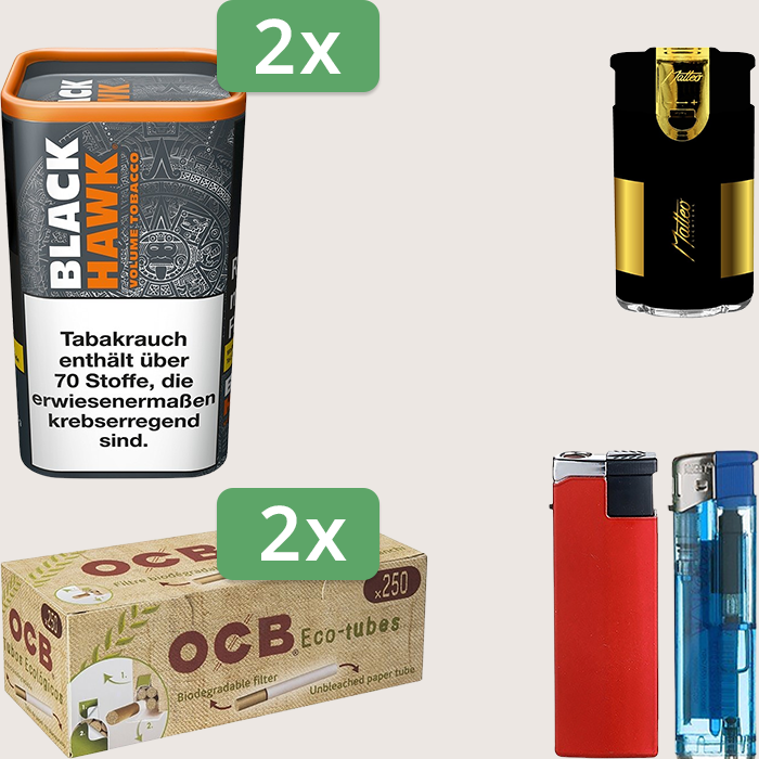 Black Hawk 2 x 90 g Sparpaket mit 500 OCB Organic Hülsen und Feuerzeugset