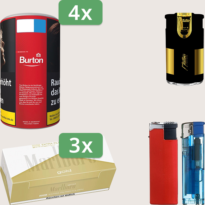 Burton Full Red 4 x 90 g Sparpaket mit 750 Marlboro Gold Extra Hülsen und Feuerzeugset