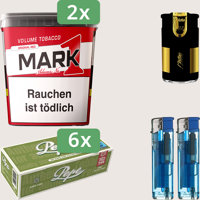 Mark 1 Original Red 2 x 320 g Sparpaket mit 1.200 Pepe Hülsen und Feuerzeugset