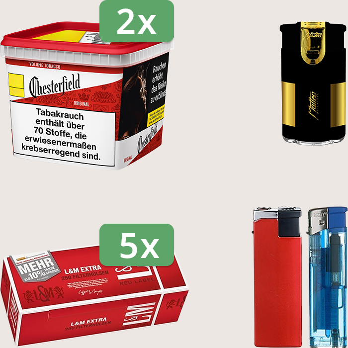 Chesterfield Original Red 2 x 245 g Sparpaket mit 1.250 L&M Extra Red Label Hülsen und Feuerzeugset