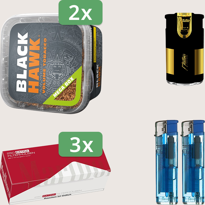 Black Hawk 2 x 230 g Sparpaket mit 750 Marlboro Red Extra Hülsen und Feuerzeugset
