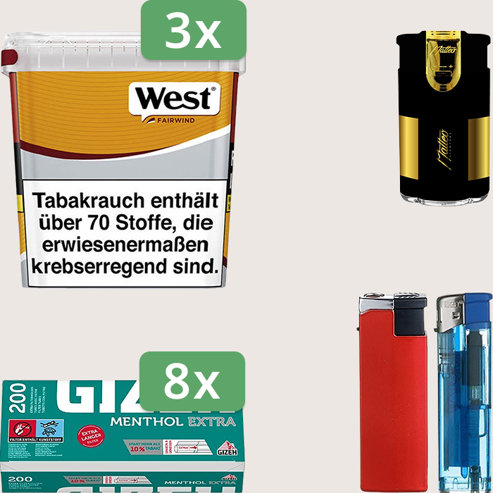 West Yellow 3 x 235 g Sparpaket mit 1.600 Gizeh Menthol Extra Hülsen und Feuerzeugset