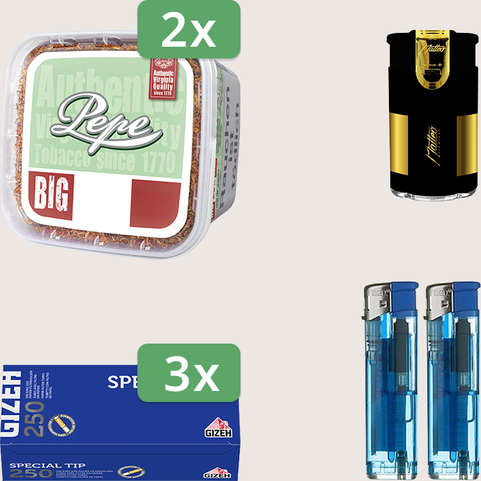 Pepe Bright Green 2 x 170 g Sparpaket mit 750 Gizeh Special Tip Hülsen und Feuerzeugset