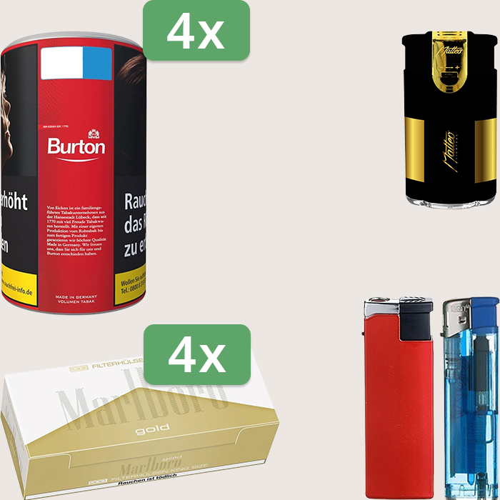 Burton Full Red 4 x 90 g Sparpaket mit 800 Marlboro Gold Hülsen und Feuerzeugset