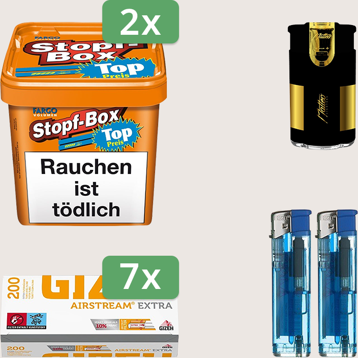 Fargo Stopfbox 2 x 400 g Sparpaket mit 1.400 Gizeh Airstream Extra Hülsen und Feuerzeugset