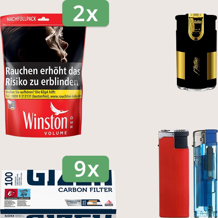 Winston Red 2 x 205 g Sparpaket mit 900 Gizeh Carbon Hülsen und Feuerzeugset