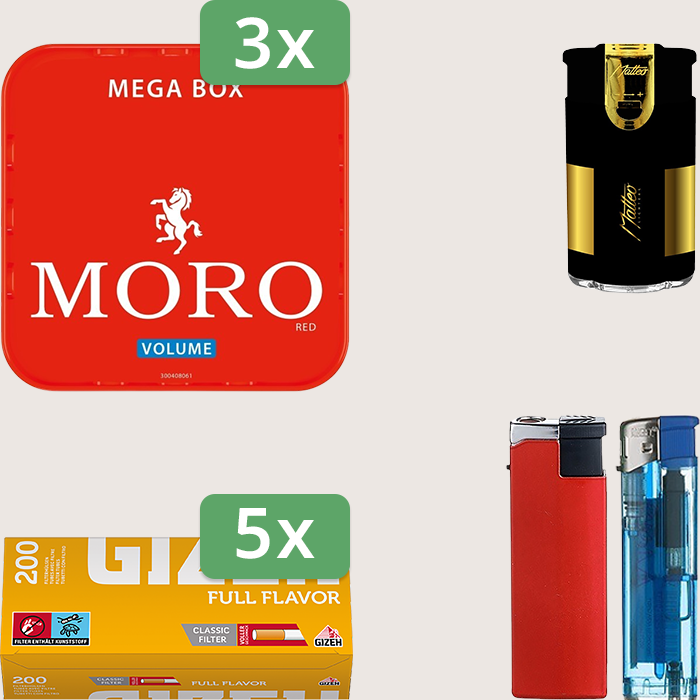 Moro Red 3 x 155 g Sparpaket mit 1.000 Gizeh Full Flavor Hülsen und Feuerzeugset