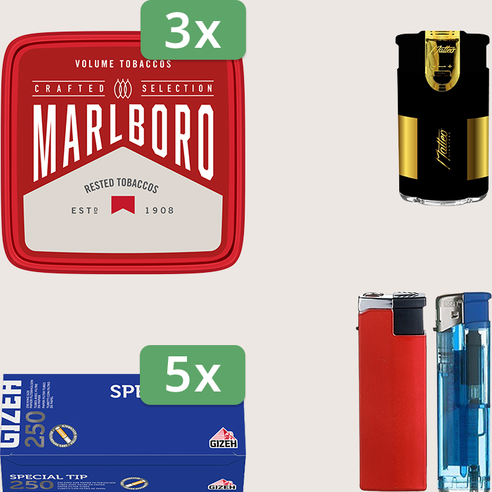 Marlboro Crafted 3 x 230 g Sparpaket mit 1.250 Gizeh Special Tip Hülsen und Feuerzeugset