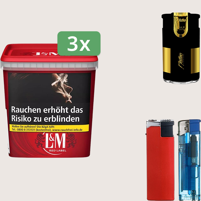 L&M Red 3 x 185 g Sparpaket mit Feuerzeugset