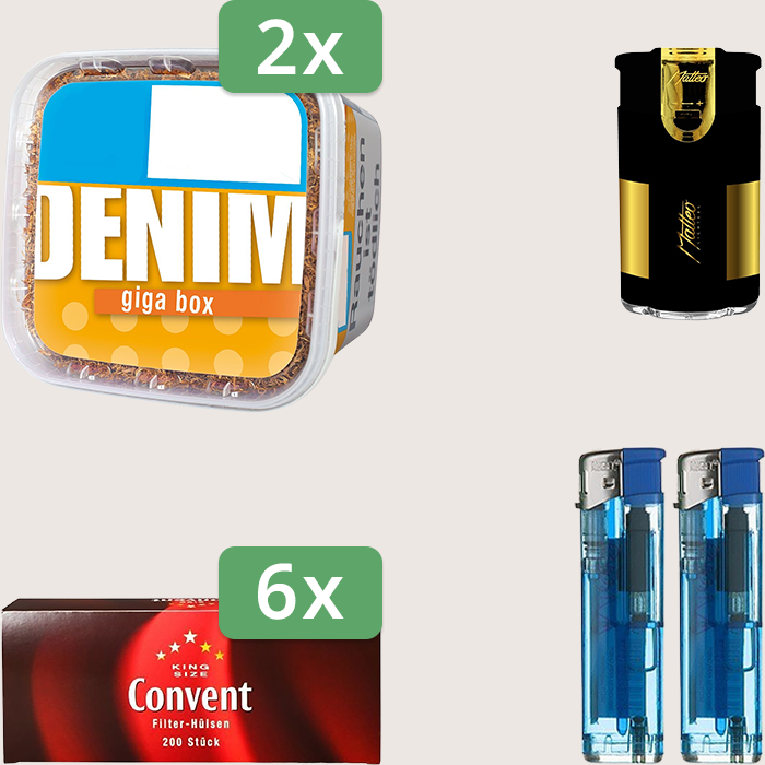 Denim Classic 2 x 315 g Sparpaket mit 1.200 Convent Hülsen und Feuerzeugset