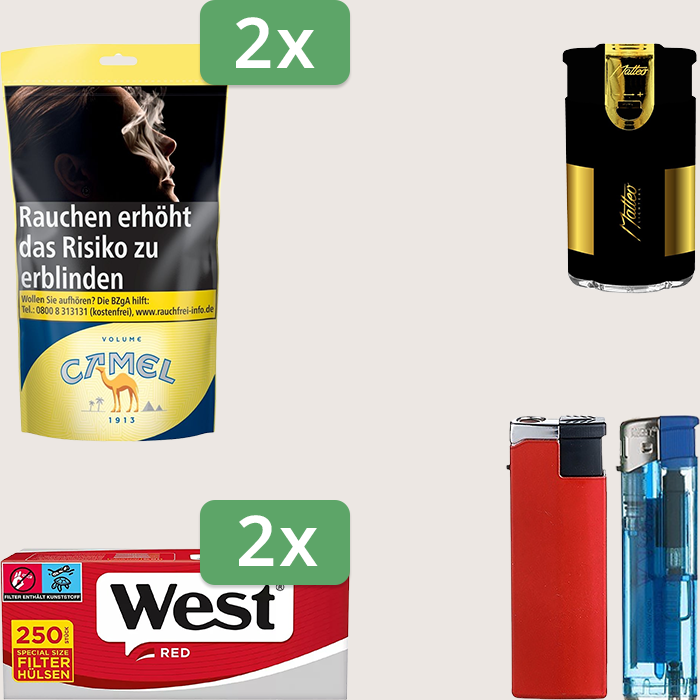 Camel Yellow 2 x 102 g Sparpaket mit 500 West Red Special Hülsen und Feuerzeugset