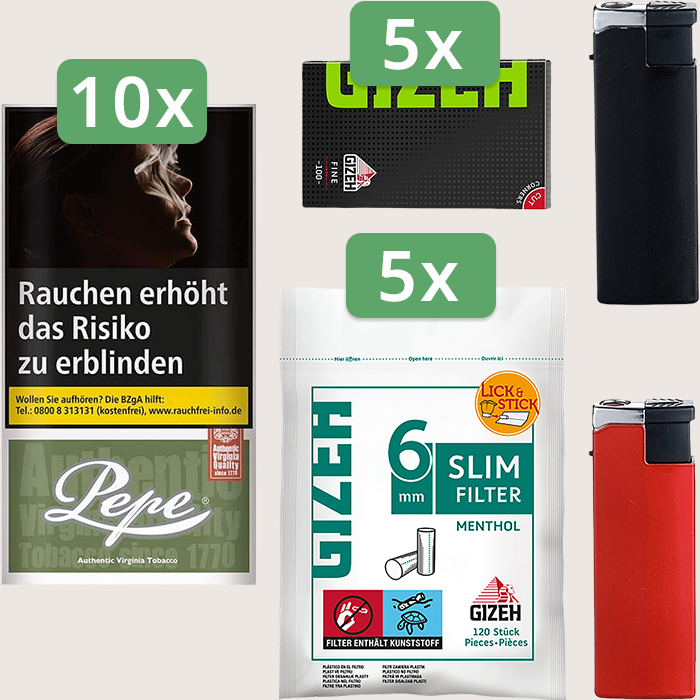 Pepe Rich Green 10 x 30 g Sparpaket mit 500 Gizeh Black Fine Magnet Blättchen und 600 Gizeh Slim Filter Menthol