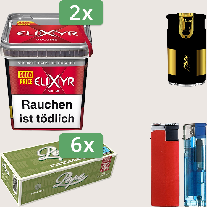 Elixyr Red 2 x 245 g Sparpaket mit 1.200 Pepe Hülsen und Feuerzeugset