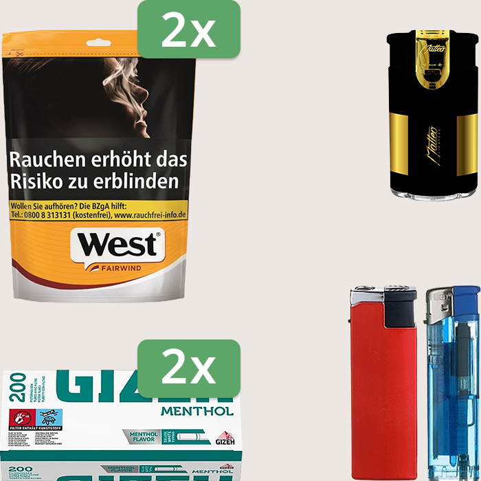 West Yellow 2 x 93 g Sparpaket mit 400 Gizeh Menthol Hülsen und Feuerzeugset