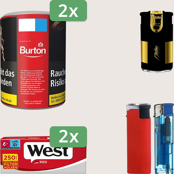 Burton Full Red 2 x 65 g Sparpaket mit 500 West Red Special Hülsen und Feuerzeugset