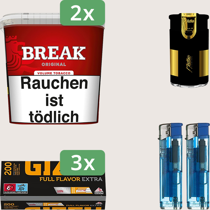 Break Original 2 x 185 g Sparpaket mit 600 Gizeh Full Flavor Extra Hülsen und Feuerzeugset