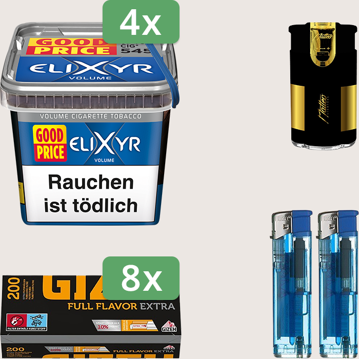 Elixyr Volume Blue 4 x 245 g Sparpaket mit 1.600 Gizeh Full Flavor Extra Hülsen und Feuerzeugset Elixyr Volume Blue 4 x 245 g Sparpaket mit 1.600 Gizeh Full Flavor Extra Hülsen und Feuerzeugset