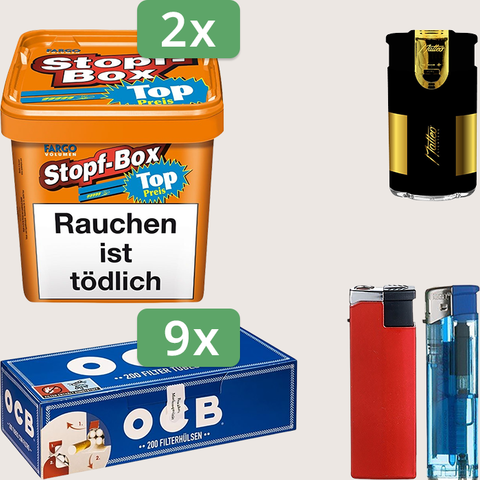Fargo Stopfbox 2 x 420 g Sparpaket mit 1.800 OCB Hülsen und Feuerzeugset