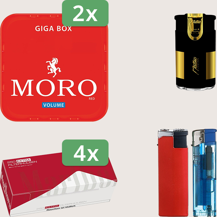 Moro Red 2 x 245 g Sparpaket mit 1.000 Marlboro Red Extra Hülsen und Feuerzeugset
