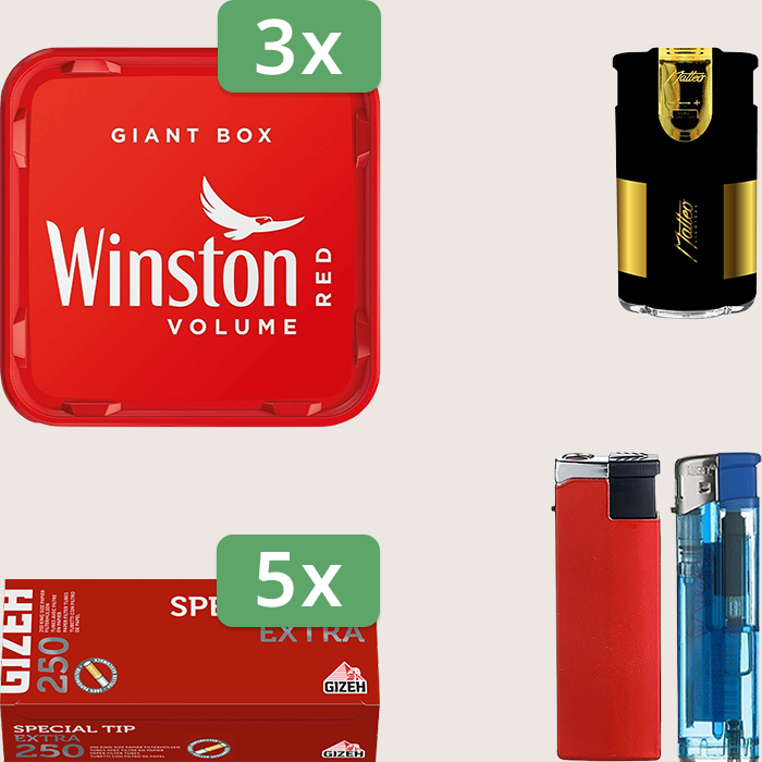 Winston Red 3 x 195 g Sparpaket mit 1.250 Gizeh Special Tip Extra Hülsen und Feuerzeugset
