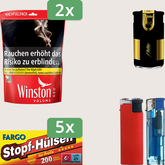 Winston Red 2 x 205 g Sparpaket mit 1.000 Fargo Stopfhülsen und Feuerzeugset