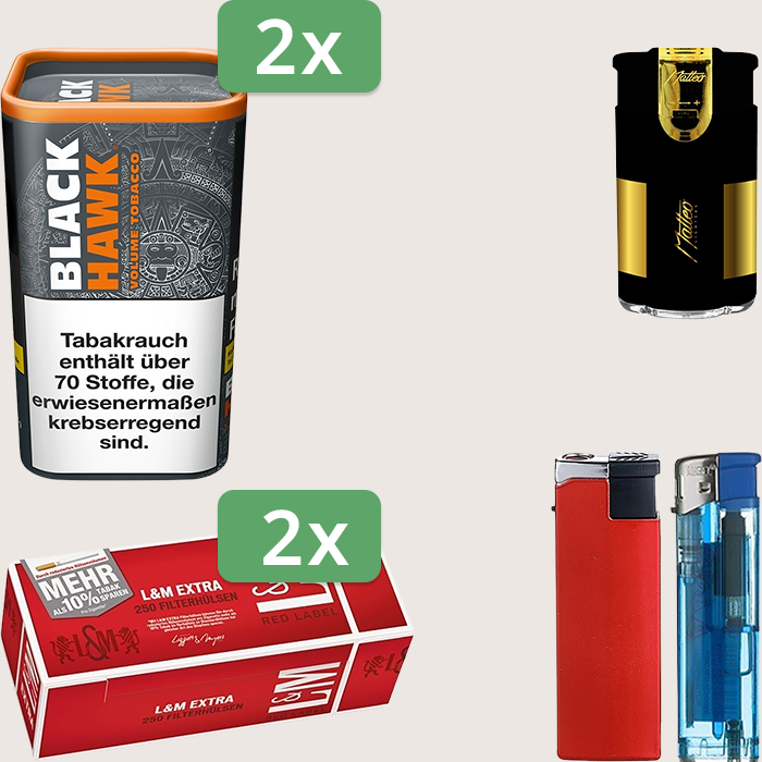 Black Hawk 2 x 90 g Sparpaket mit 500 L&M Extra Red Label Hülsen und Feuerzeugset